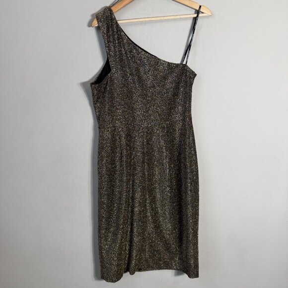 Vince Camuto One Shoulder Glitter Knee Length Dress Womens 12 Gold Slit Cocktail - Picture 9 of 14